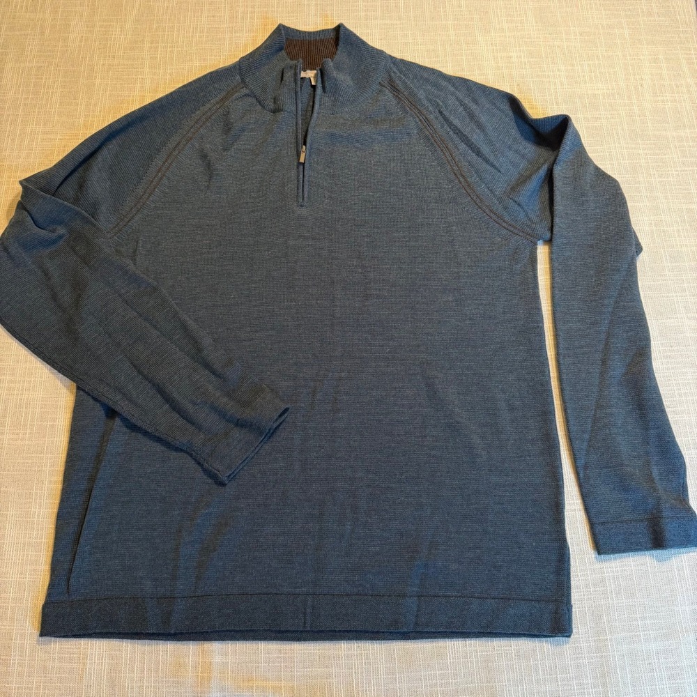 Horny Toad Men XL 100% Merino Wool Quarter Zip Sweater Blue Grey Raglan Pullover